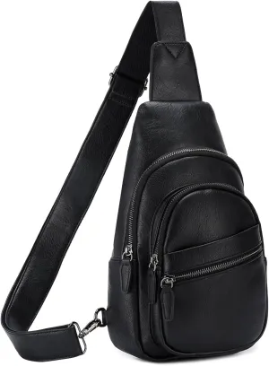 RAVUO Sling Bag, PU Leather Crossbody Backpack for Women Men Casual Hiking Daypack Multipurpose Chest Bag for Work College Black