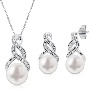 Real Diamond Sterling Silver Pearl Necklace and Earring Set | Hypoallergenic Real Cultured Freshwater Pearl Jewelry Set with 18 Inch Silver Chain | Diamond Bridal Bridesmaid Set for Women with Gift Box by MAX   STONE
