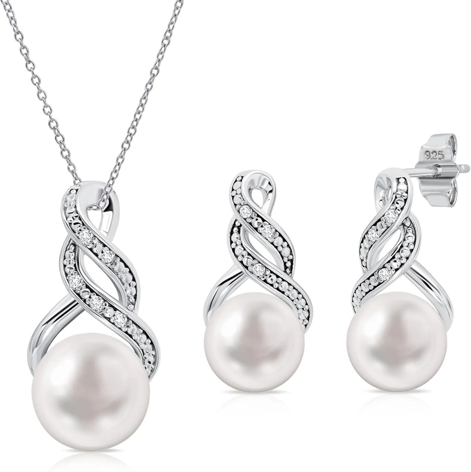Real Diamond Sterling Silver Pearl Necklace and Earring Set | Hypoallergenic Real Cultured Freshwater Pearl Jewelry Set with 18 Inch Silver Chain | Diamond Bridal Bridesmaid Set for Women with Gift Box by MAX   STONE