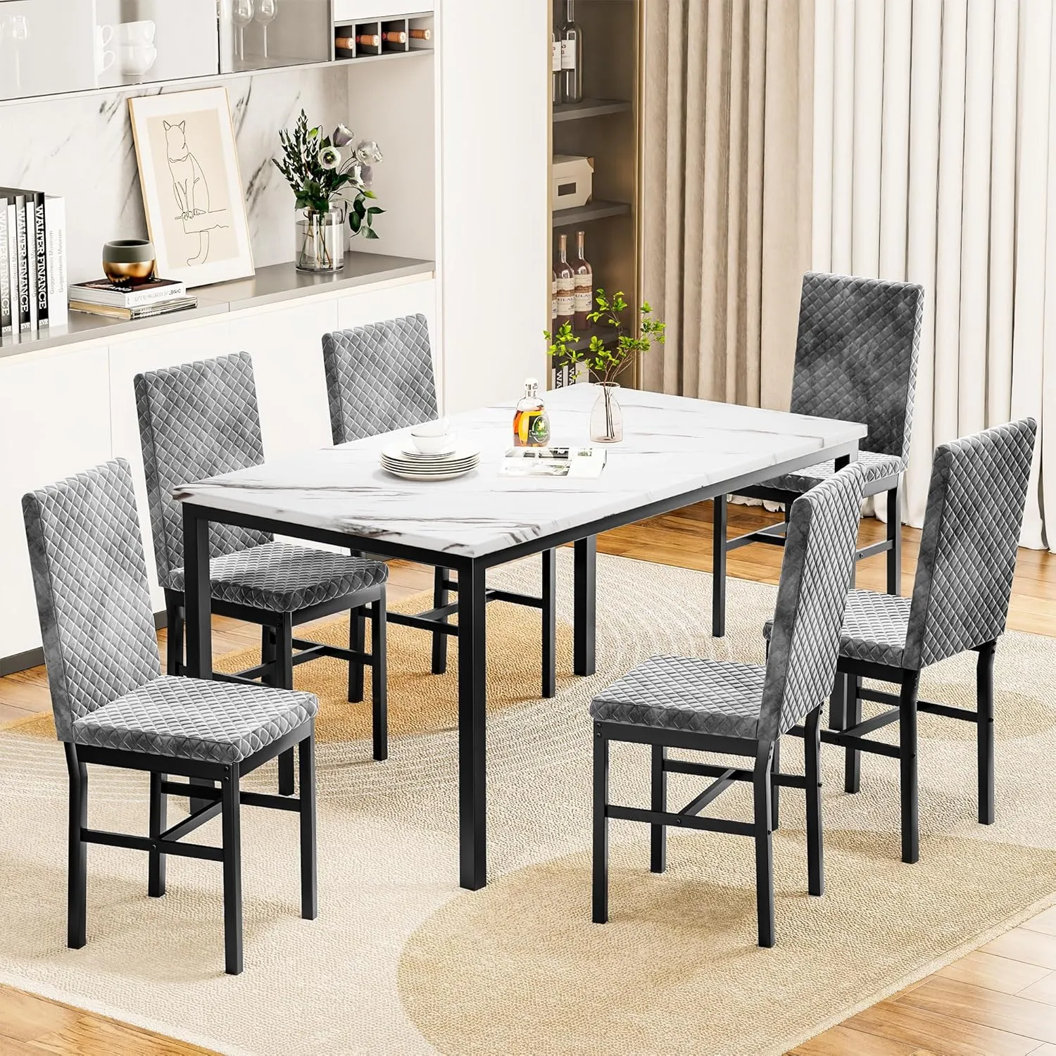 Recaceik 7 Piece Dining Table Set for 6 with Chairs of Velvet Foam, Faux Marble Kitchen Dining Table Set for Small Space, Living Room, Apartment (Grey)