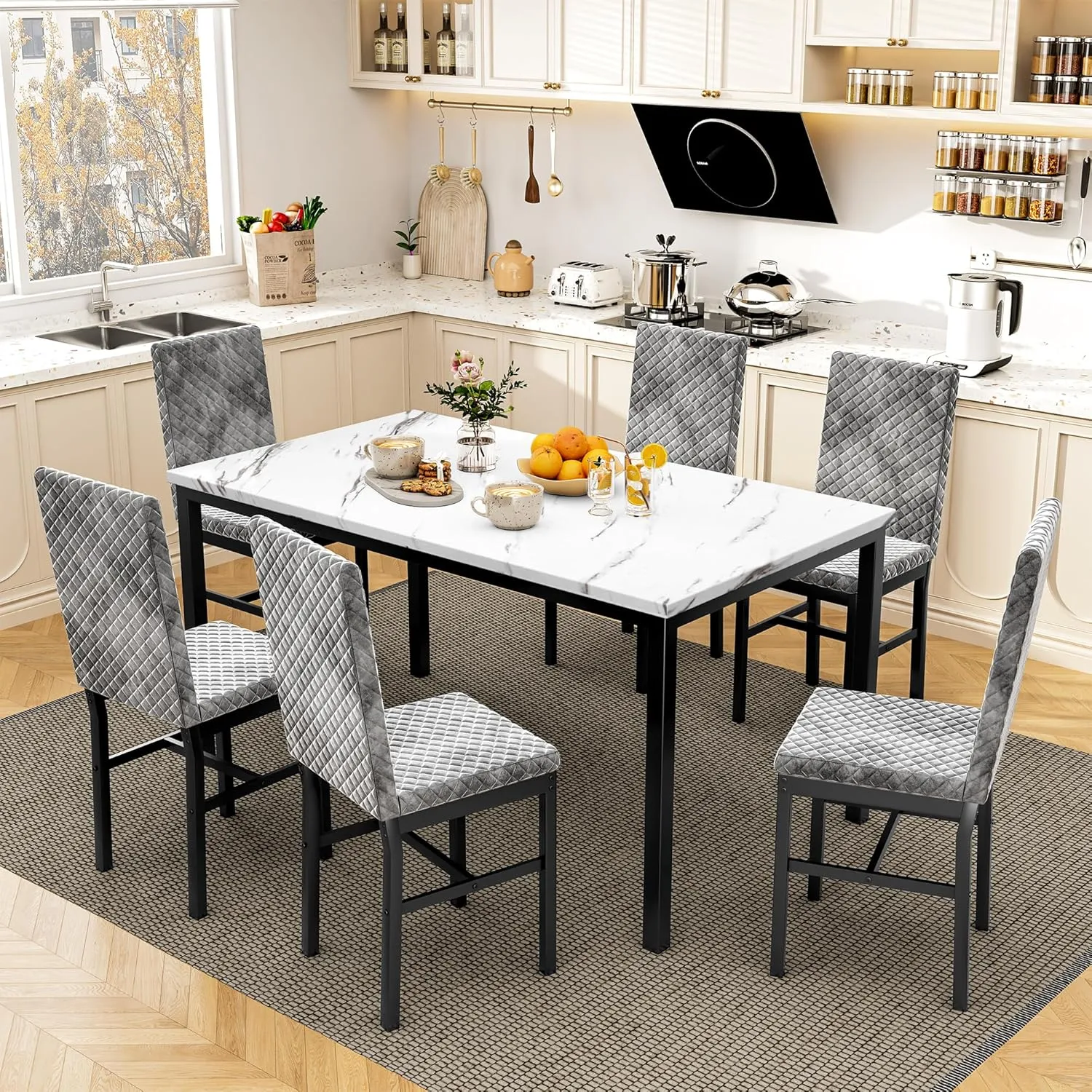 Recaceik 7 Piece Dining Table Set for 6 with Chairs of Velvet Foam, Faux Marble Kitchen Dining Table Set for Small Space, Living Room, Apartment (Grey)