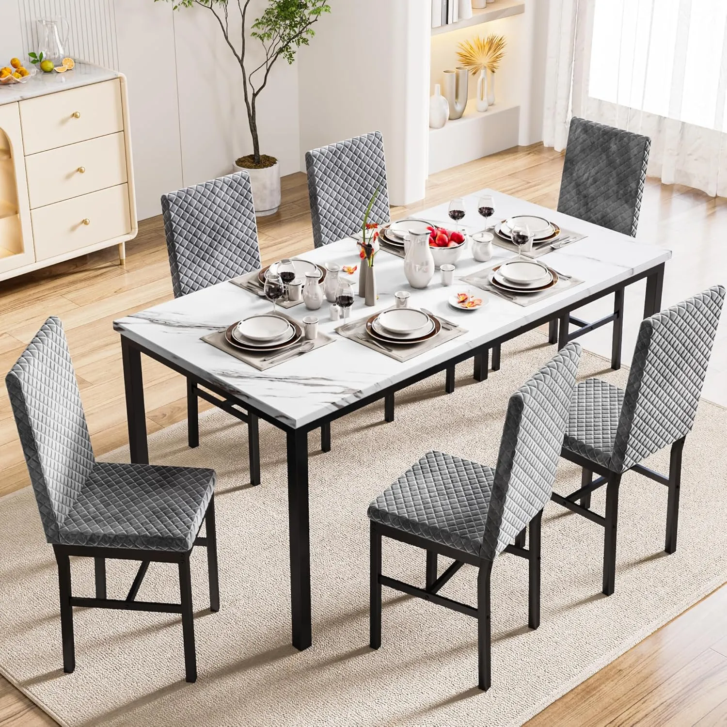Recaceik 7 Piece Dining Table Set for 6 with Chairs of Velvet Foam, Faux Marble Kitchen Dining Table Set for Small Space, Living Room, Apartment (Grey)