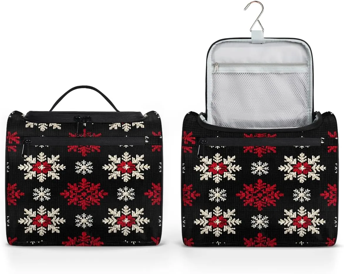 Red White Snowflakes Travel Toiletry Bag for Men and Women, Large Hanging Makeup Bag Organizer Toiletries Bag for Travel, Cosmetic Bag with Handle