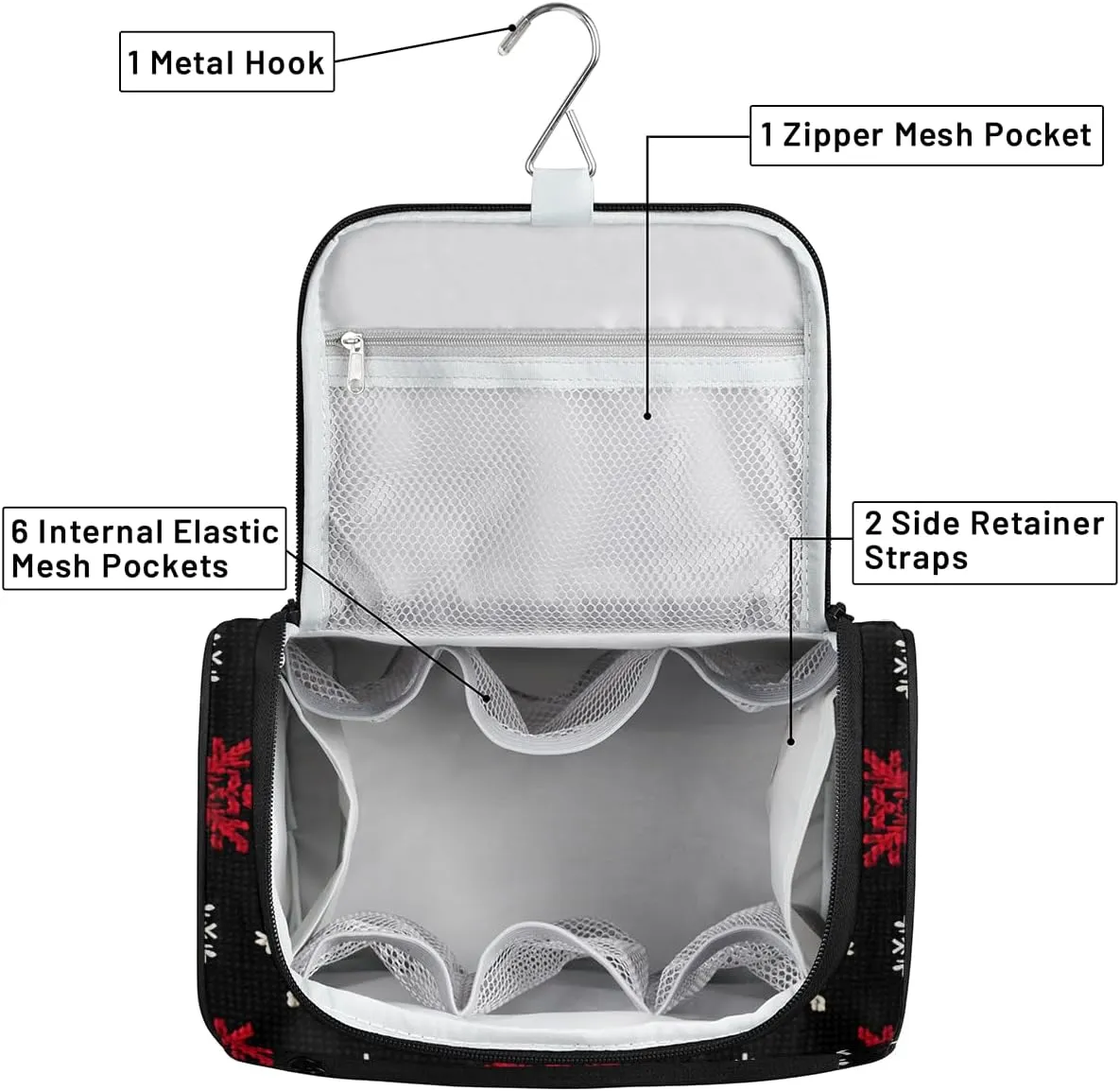 Red White Snowflakes Travel Toiletry Bag for Men and Women, Large Hanging Makeup Bag Organizer Toiletries Bag for Travel, Cosmetic Bag with Handle