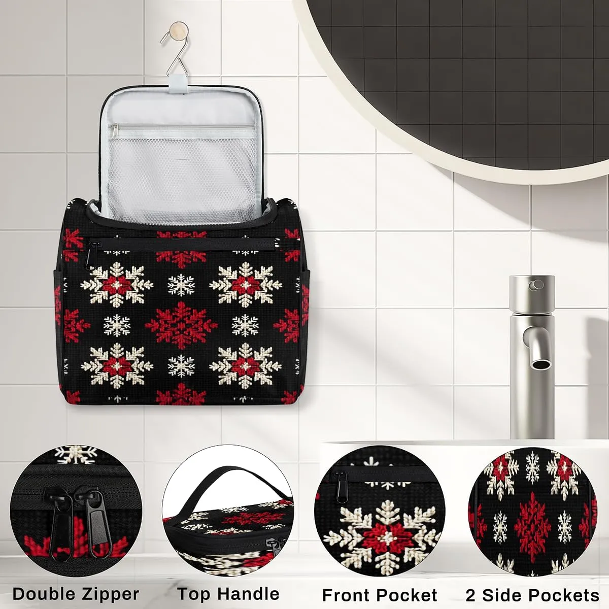 Red White Snowflakes Travel Toiletry Bag for Men and Women, Large Hanging Makeup Bag Organizer Toiletries Bag for Travel, Cosmetic Bag with Handle