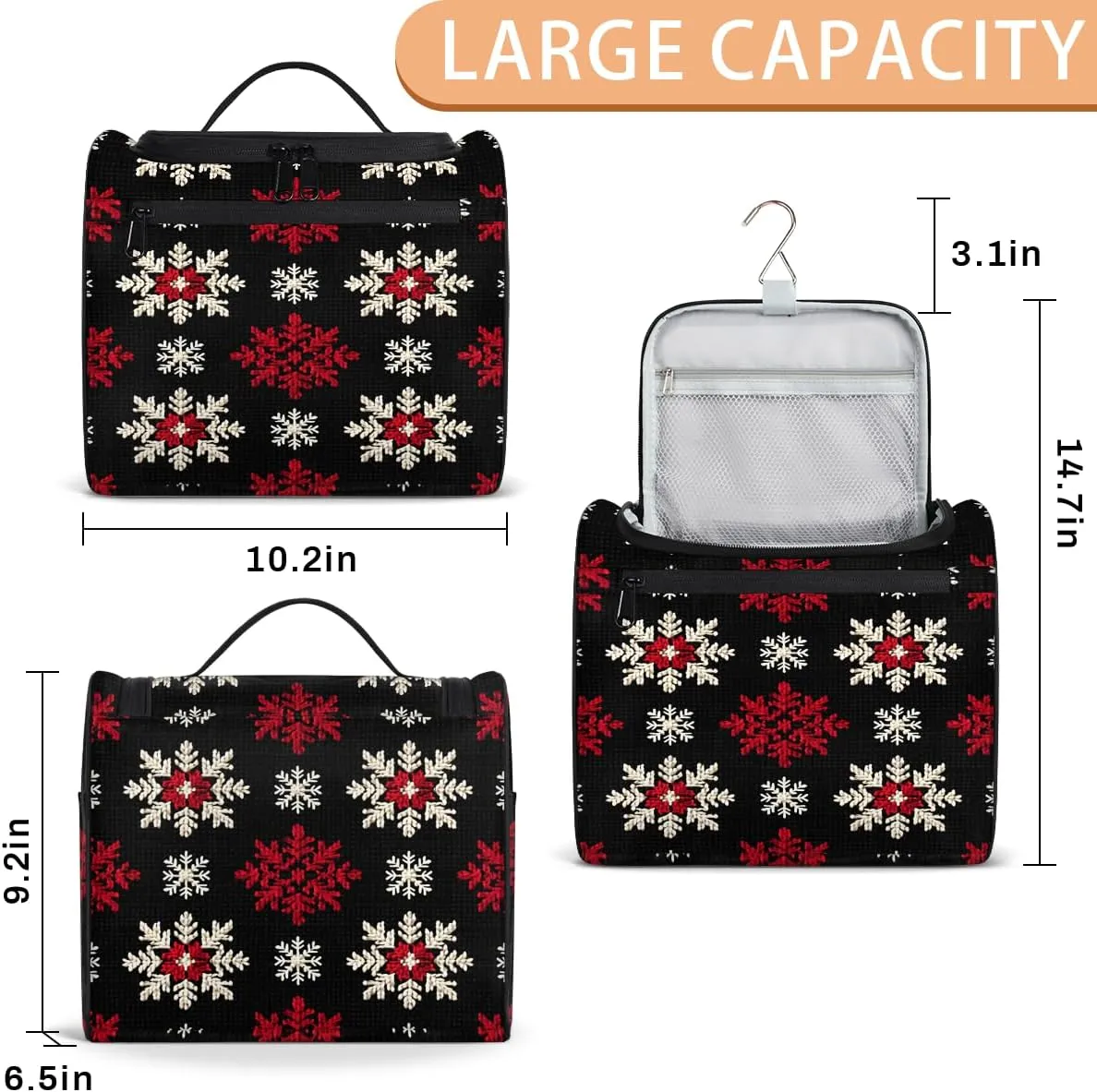 Red White Snowflakes Travel Toiletry Bag for Men and Women, Large Hanging Makeup Bag Organizer Toiletries Bag for Travel, Cosmetic Bag with Handle