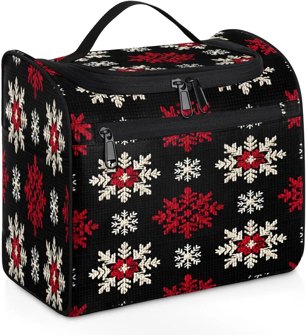 Red White Snowflakes Travel Toiletry Bag for Men and Women, Large Hanging Makeup Bag Organizer Toiletries Bag for Travel, Cosmetic Bag with Handle