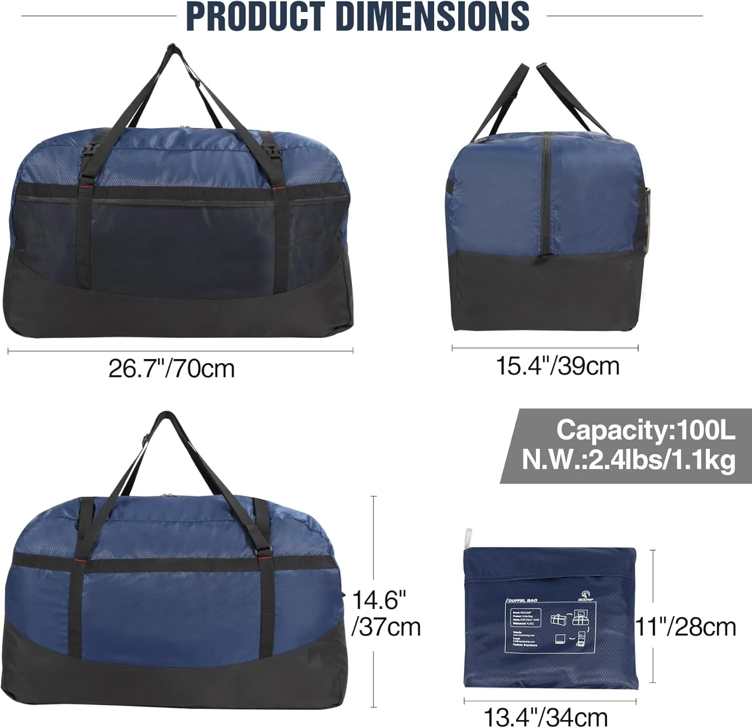 REDCAMP Foldable Travel Bag, Large Sports Bag, 75L/96L/100L, Lightweight Waterproof Tote Bag