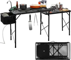 REDCAMP Lightweight Portable Camping Kitchen Table with Sink, Metal Folding Grill Table Cooking Station with Hooks for Outdoor, BBQ, Party and Picnic(Faucet/Sprayer NOT Included)