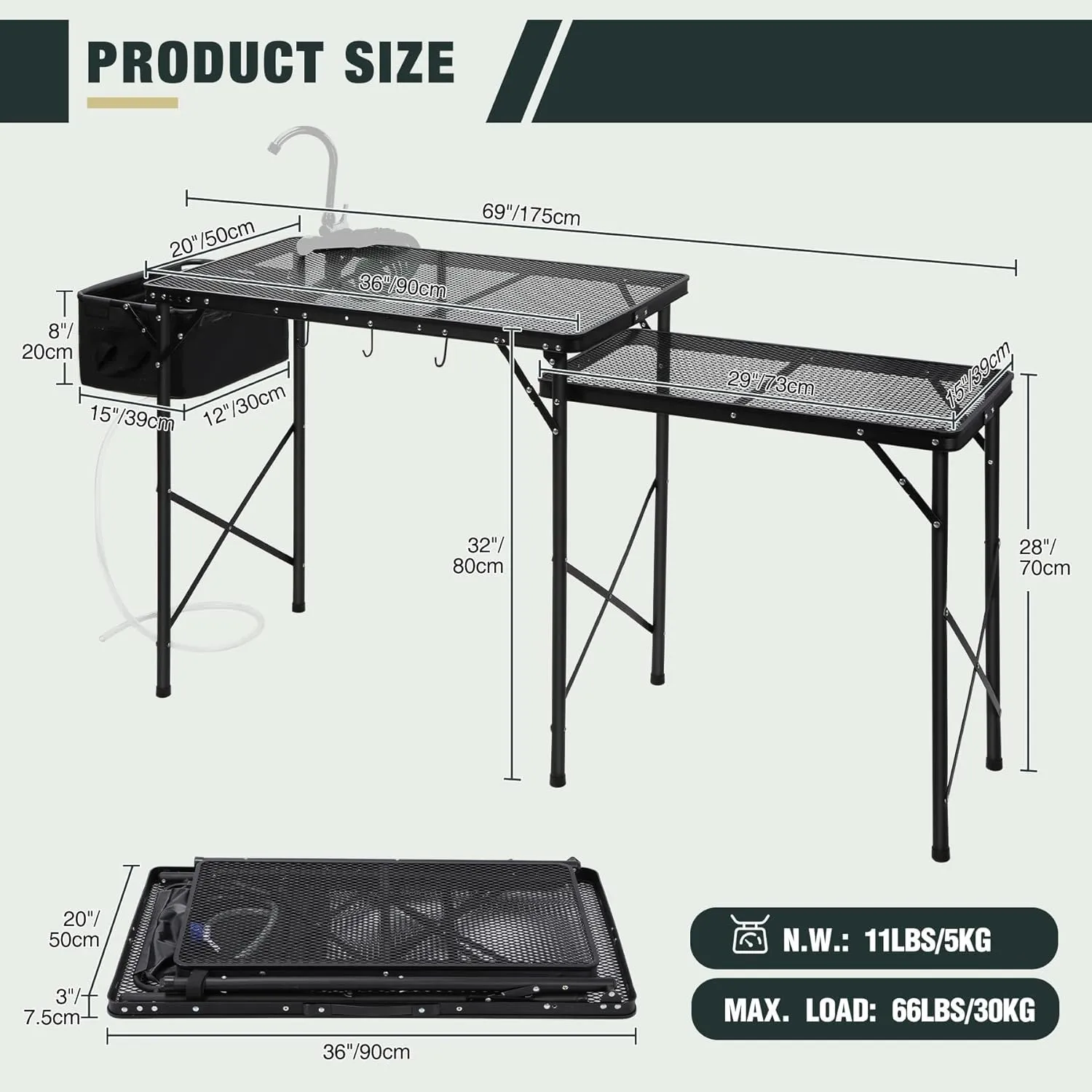 REDCAMP Lightweight Portable Camping Kitchen Table with Sink, Metal Folding Grill Table Cooking Station with Hooks for Outdoor, BBQ, Party and Picnic(Faucet/Sprayer NOT Included)