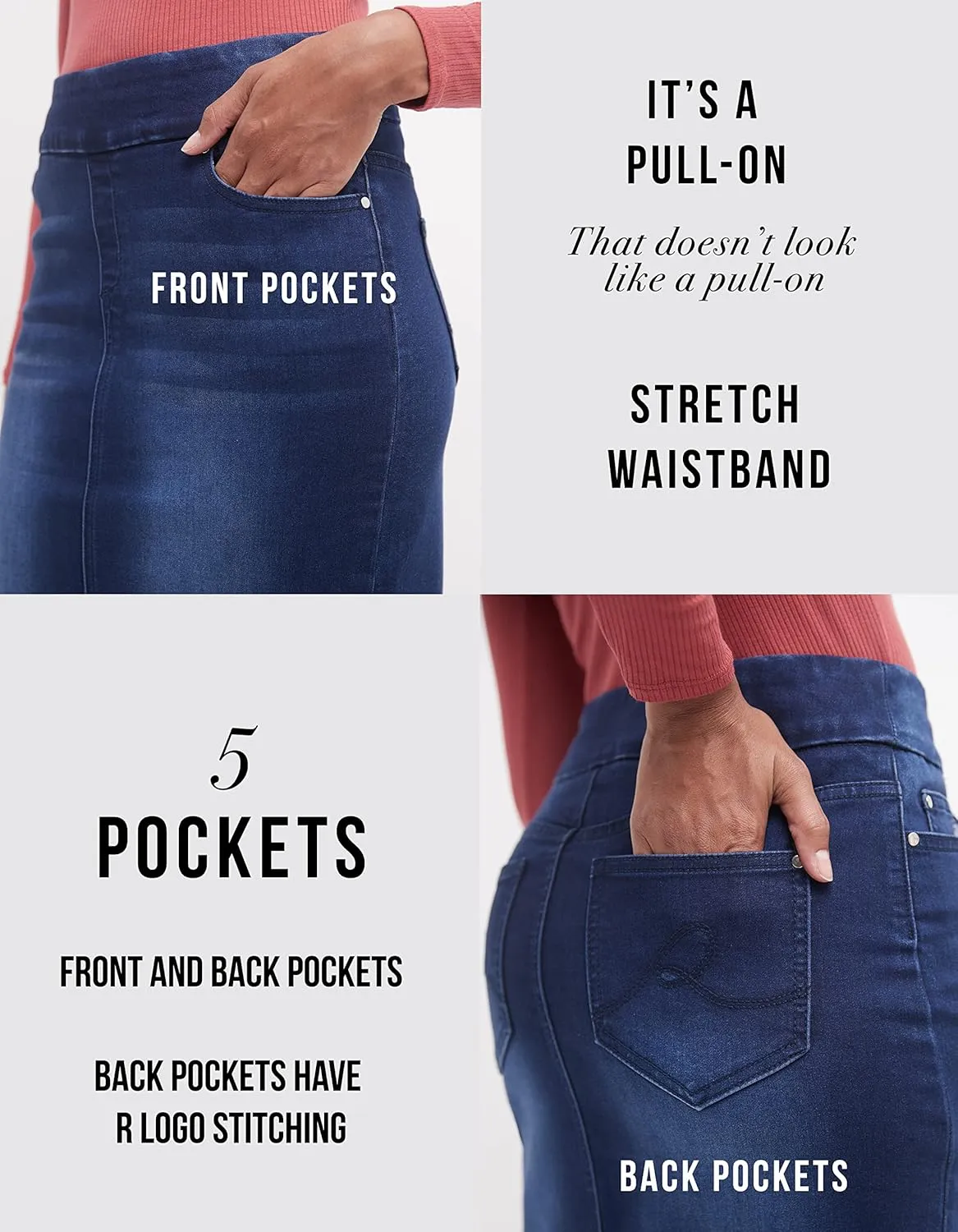 REKUCCI Women’s Ease into Comfort Pull-On Stretch Denim Skirt – Soft Jean Fabric, Flattering Slim Fit, All-Day Comfort