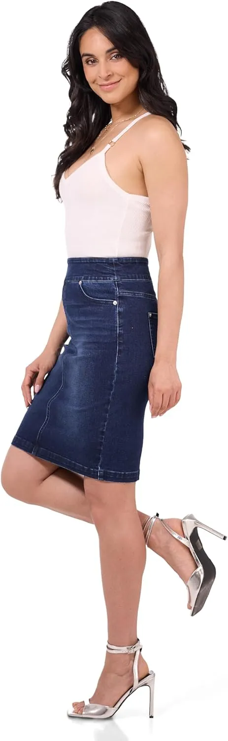 REKUCCI Women’s Ease into Comfort Pull-On Stretch Denim Skirt – Soft Jean Fabric, Flattering Slim Fit, All-Day Comfort