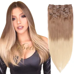Remy Clip in Hair Extensions Golden Brown to Blonde Highlighted Clip in Real Hair Extensions Double Weft Straight Clip in Extensions for Women 8Pcs 120G 16 Inch
