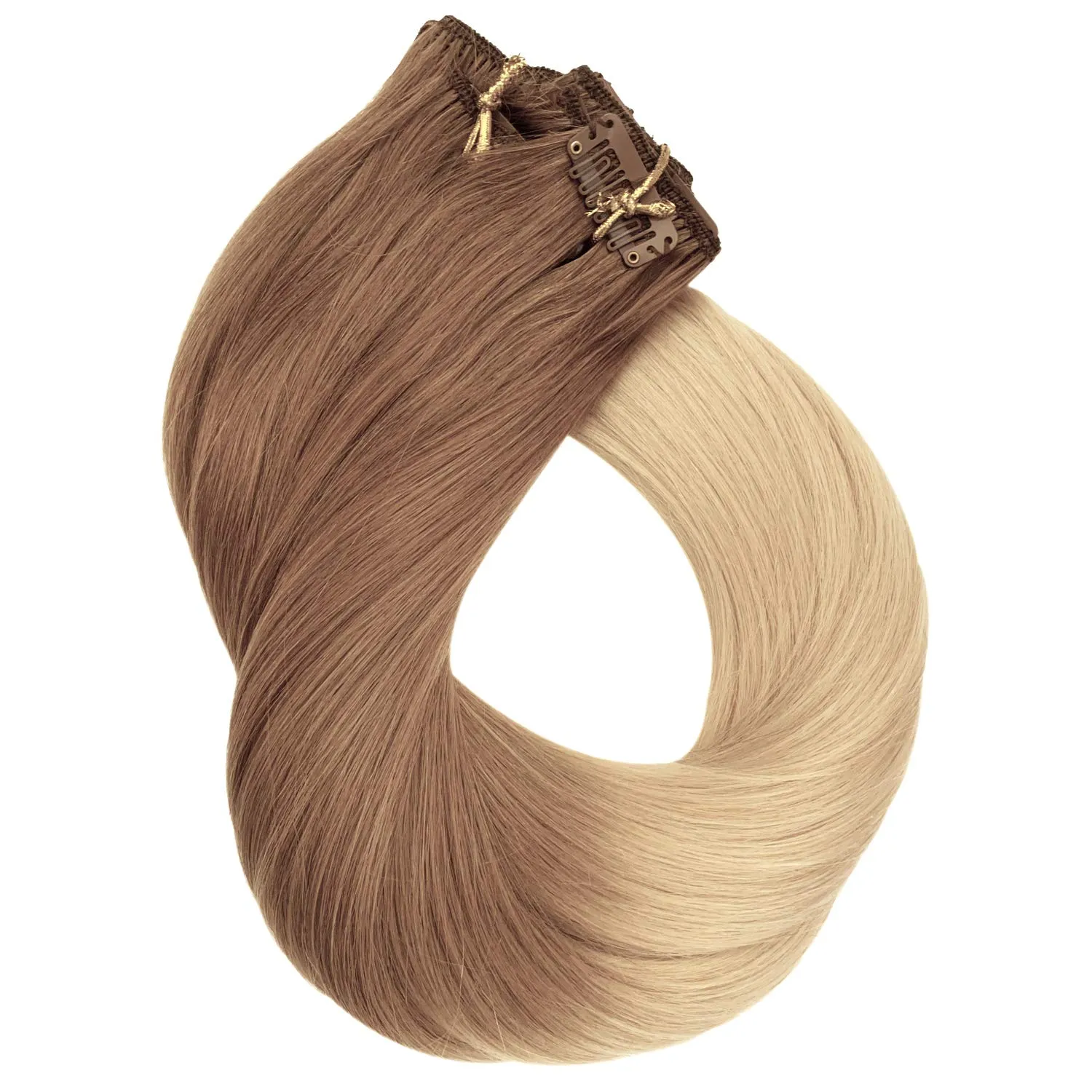 Remy Clip in Hair Extensions Golden Brown to Blonde Highlighted Clip in Real Hair Extensions Double Weft Straight Clip in Extensions for Women 8Pcs 120G 16 Inch