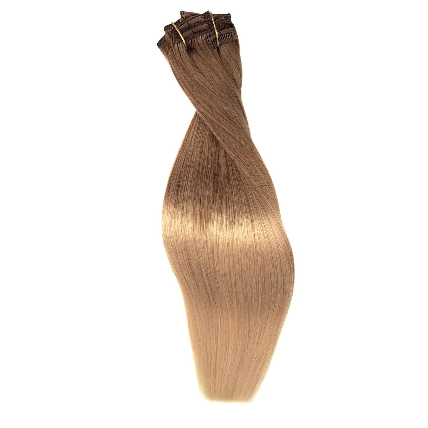 Remy Clip in Hair Extensions Golden Brown to Blonde Highlighted Clip in Real Hair Extensions Double Weft Straight Clip in Extensions for Women 8Pcs 120G 16 Inch