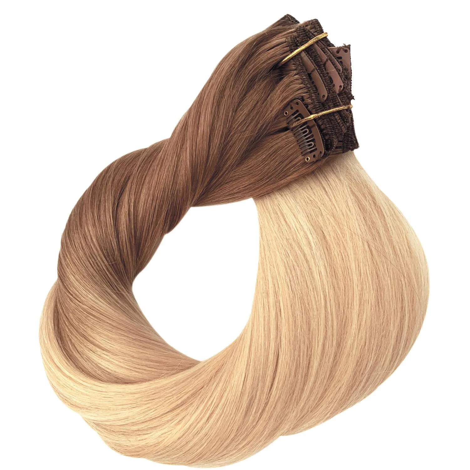 Remy Clip in Hair Extensions Golden Brown to Blonde Highlighted Clip in Real Hair Extensions Double Weft Straight Clip in Extensions for Women 8Pcs 120G 16 Inch