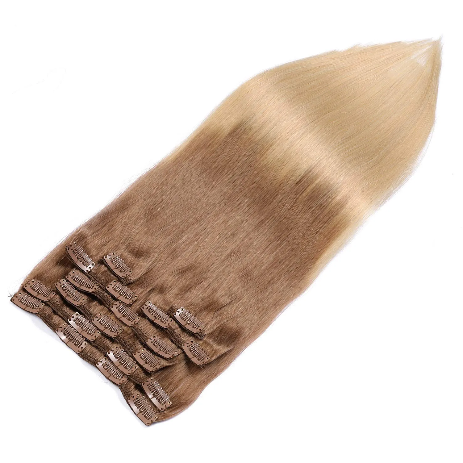Remy Clip in Hair Extensions Golden Brown to Blonde Highlighted Clip in Real Hair Extensions Double Weft Straight Clip in Extensions for Women 8Pcs 120G 16 Inch