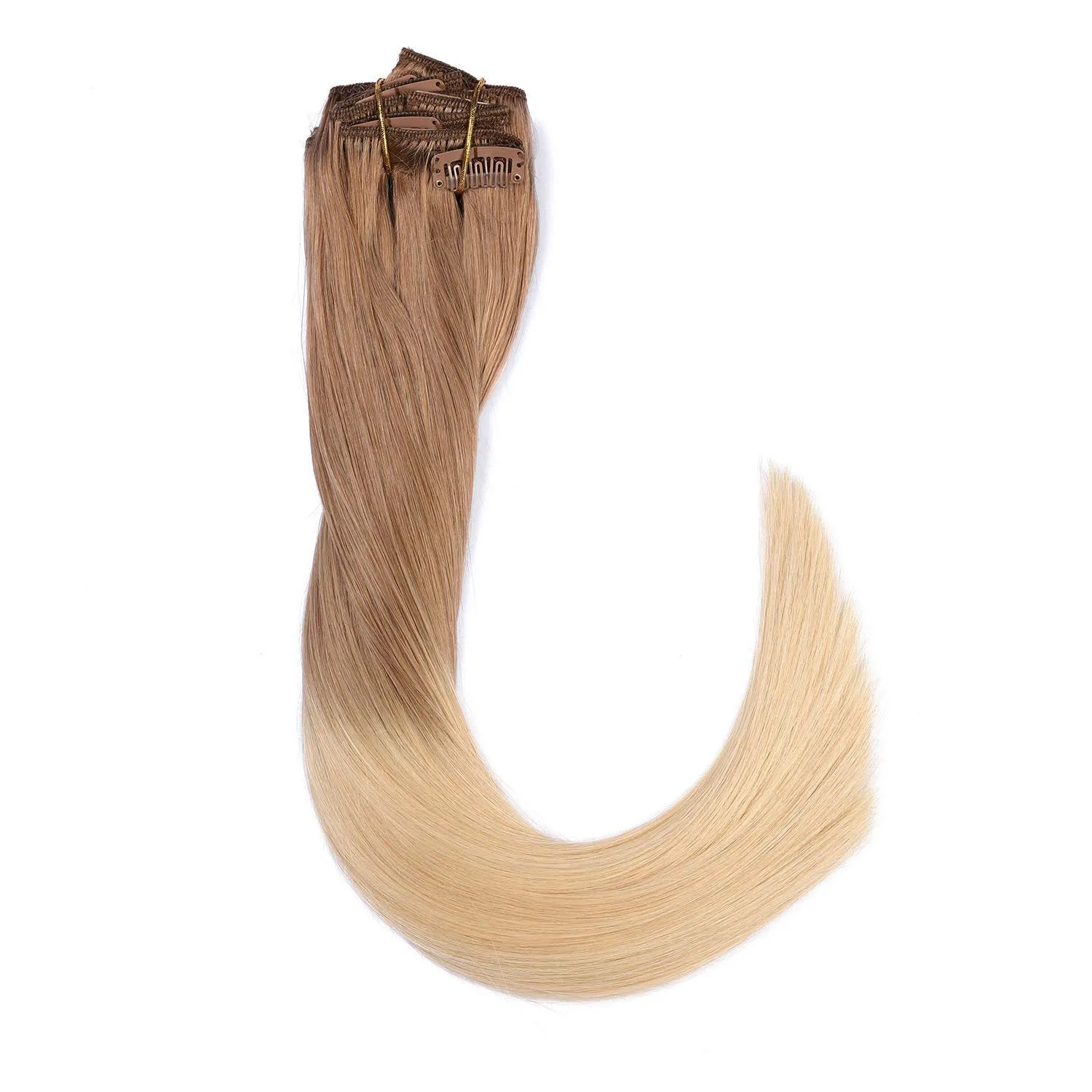 Remy Clip in Hair Extensions Golden Brown to Blonde Highlighted Clip in Real Hair Extensions Double Weft Straight Clip in Extensions for Women 8Pcs 120G 16 Inch