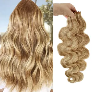 Remy Hair Extensions Strawberry Blonde to Bleach Blonde Tape ins Extensions 30grams/20pcs Soft Straight Fine Blonde Highlights Tape-in Remy Human Hair Pieces(#27/613, 16")
