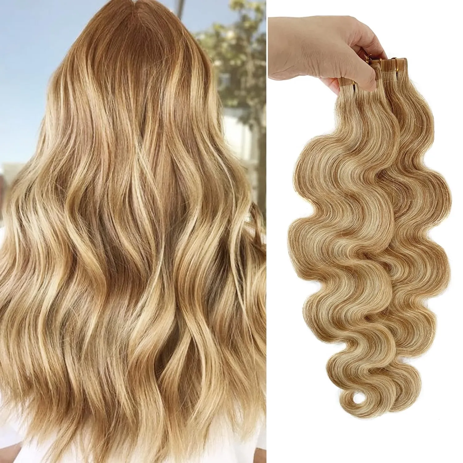 Remy Hair Extensions Strawberry Blonde to Bleach Blonde Tape ins Extensions 30grams/20pcs Soft Straight Fine Blonde Highlights Tape-in Remy Human Hair Pieces(#27/613, 16")