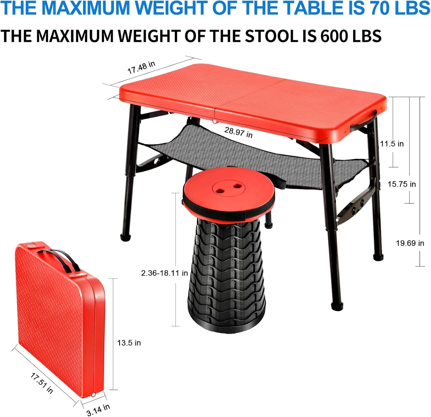 Retractable Small Folding Table and Stool Set, Portable Camping Foldable Table Lightweight Yet More Sturdy with Adjustable Stool for Outdoor Picnic, Beach, Camp, Also Ideal as Lap Desk, Bed Table
