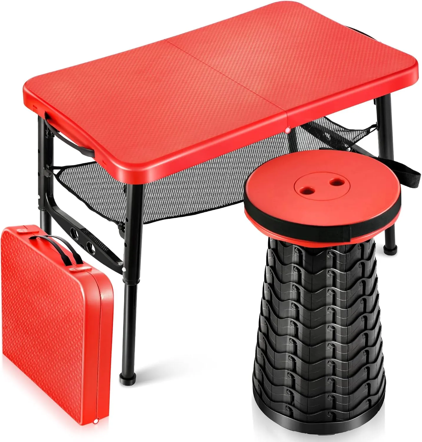 Retractable Small Folding Table and Stool Set, Portable Camping Foldable Table Lightweight Yet More Sturdy with Adjustable Stool for Outdoor Picnic, Beach, Camp, Also Ideal as Lap Desk, Bed Table
