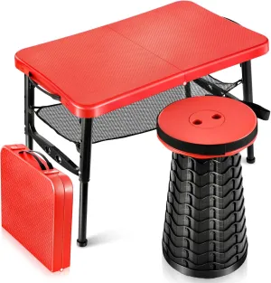 Retractable Small Folding Table and Stool Set, Portable Camping Foldable Table Lightweight Yet More Sturdy with Adjustable Stool for Outdoor Picnic, Beach, Camp, Also Ideal as Lap Desk, Bed Table