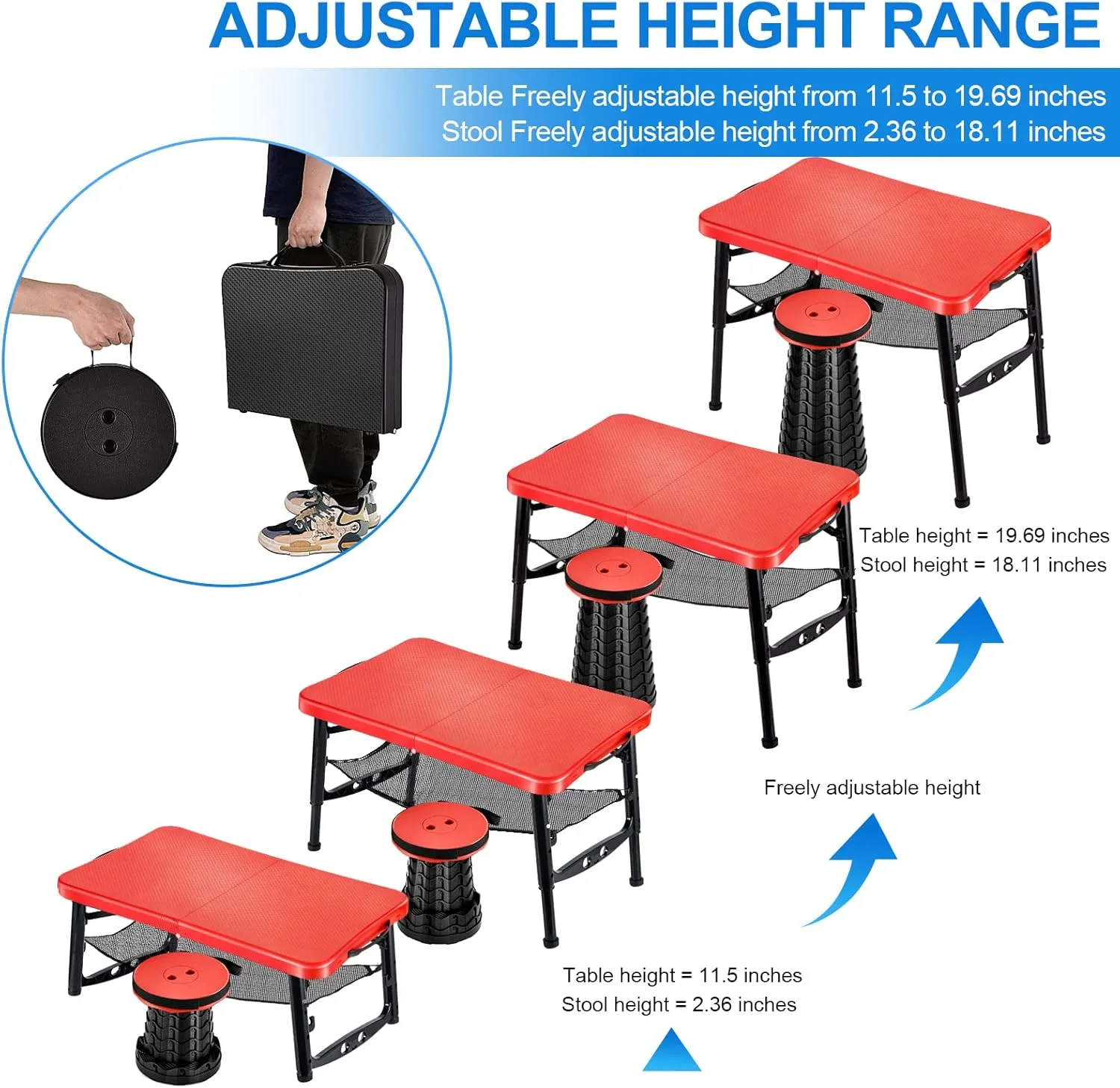 Retractable Small Folding Table and Stool Set, Portable Camping Foldable Table Lightweight Yet More Sturdy with Adjustable Stool for Outdoor Picnic, Beach, Camp, Also Ideal as Lap Desk, Bed Table