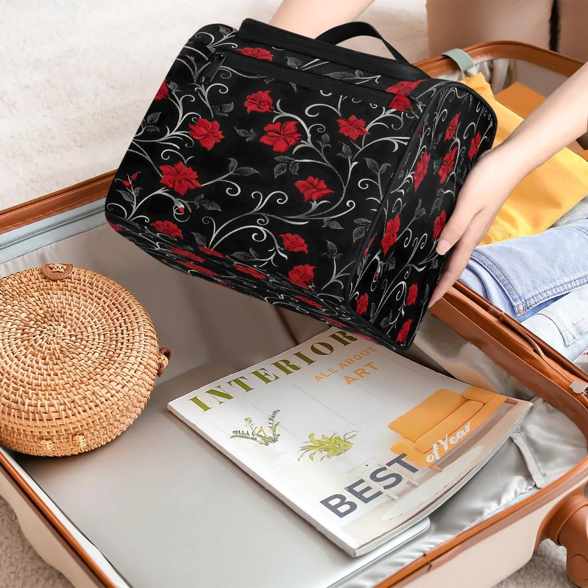 Retro Rad Floral Travel Toiletry Bag for Men and Women, Large Hanging Makeup Bag Organizer Toiletries Bag for Travel, Cosmetic Bag with Handle