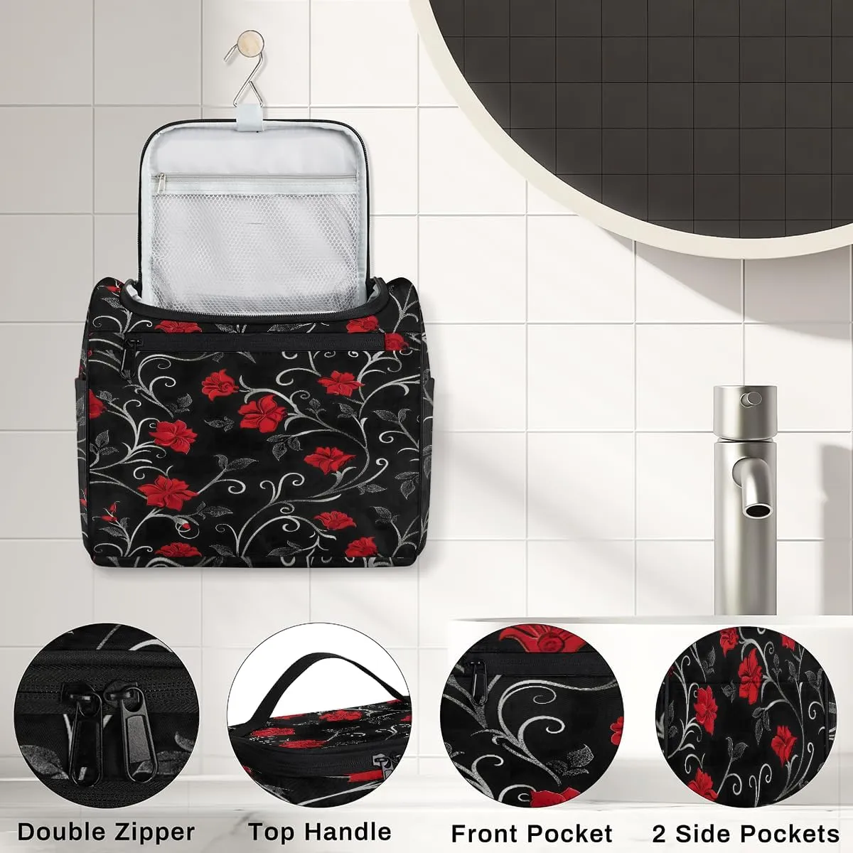 Retro Rad Floral Travel Toiletry Bag for Men and Women, Large Hanging Makeup Bag Organizer Toiletries Bag for Travel, Cosmetic Bag with Handle