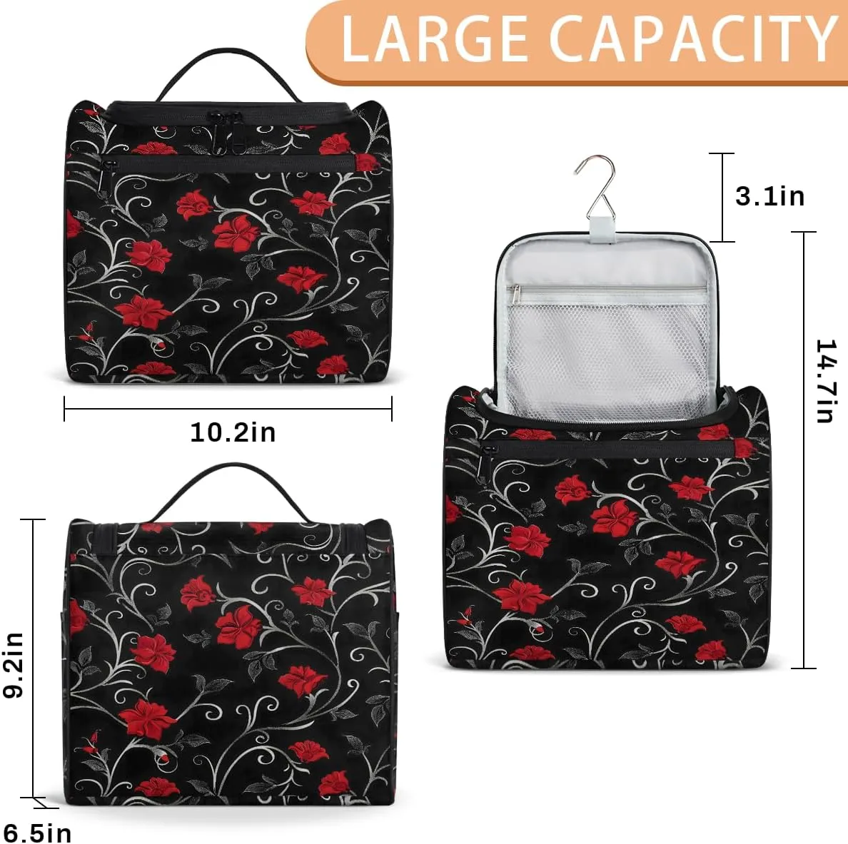 Retro Rad Floral Travel Toiletry Bag for Men and Women, Large Hanging Makeup Bag Organizer Toiletries Bag for Travel, Cosmetic Bag with Handle