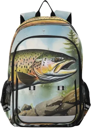 Retro Trout Landscape Backpack Travel Laptop Daypack Shoulder Bag Book Bag Daypack with Reflective Strip 12.9 ×17.7 In