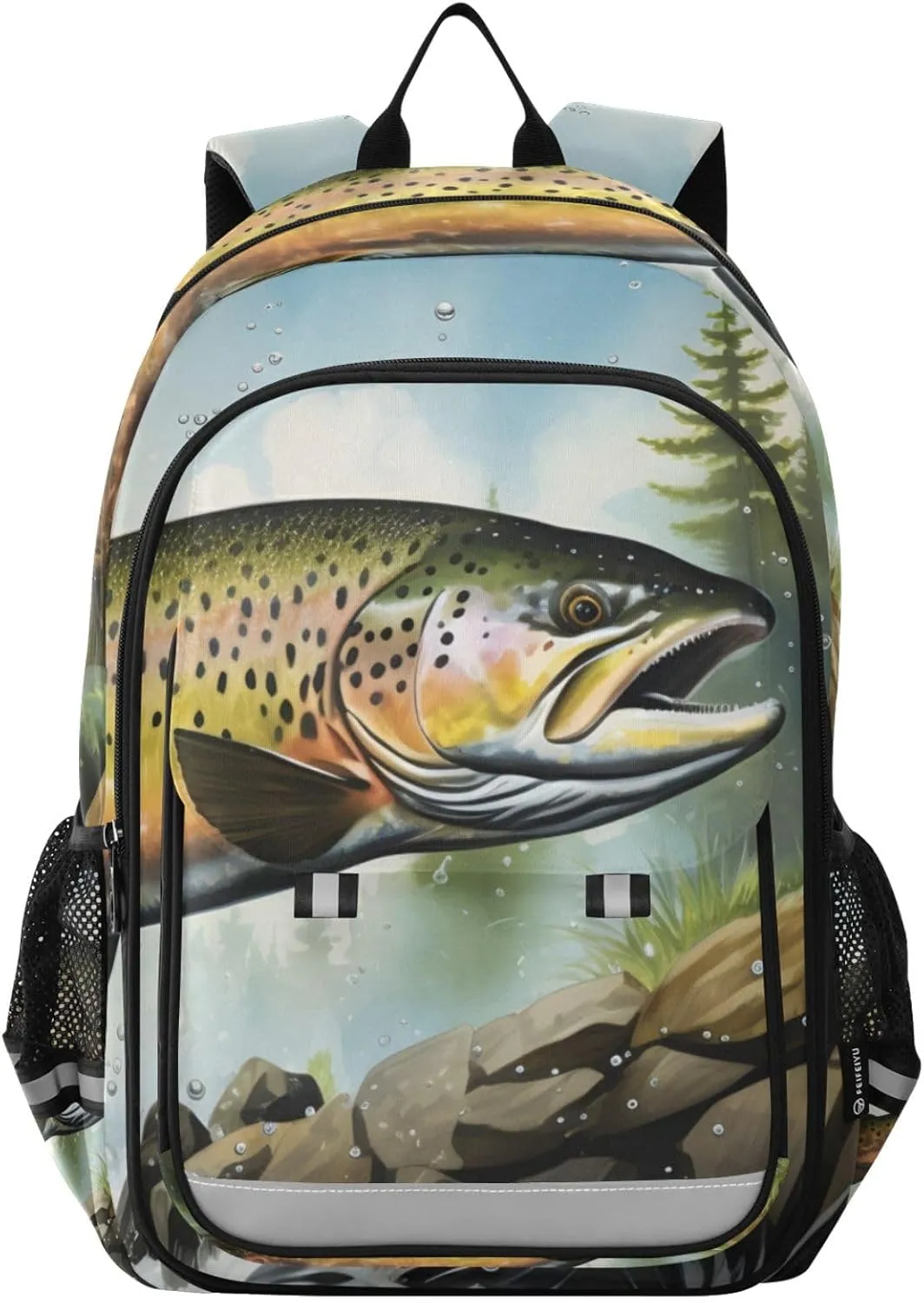 Retro Trout Landscape Backpack Travel Laptop Daypack Shoulder Bag Book Bag Daypack with Reflective Strip 12.9 ×17.7 In
