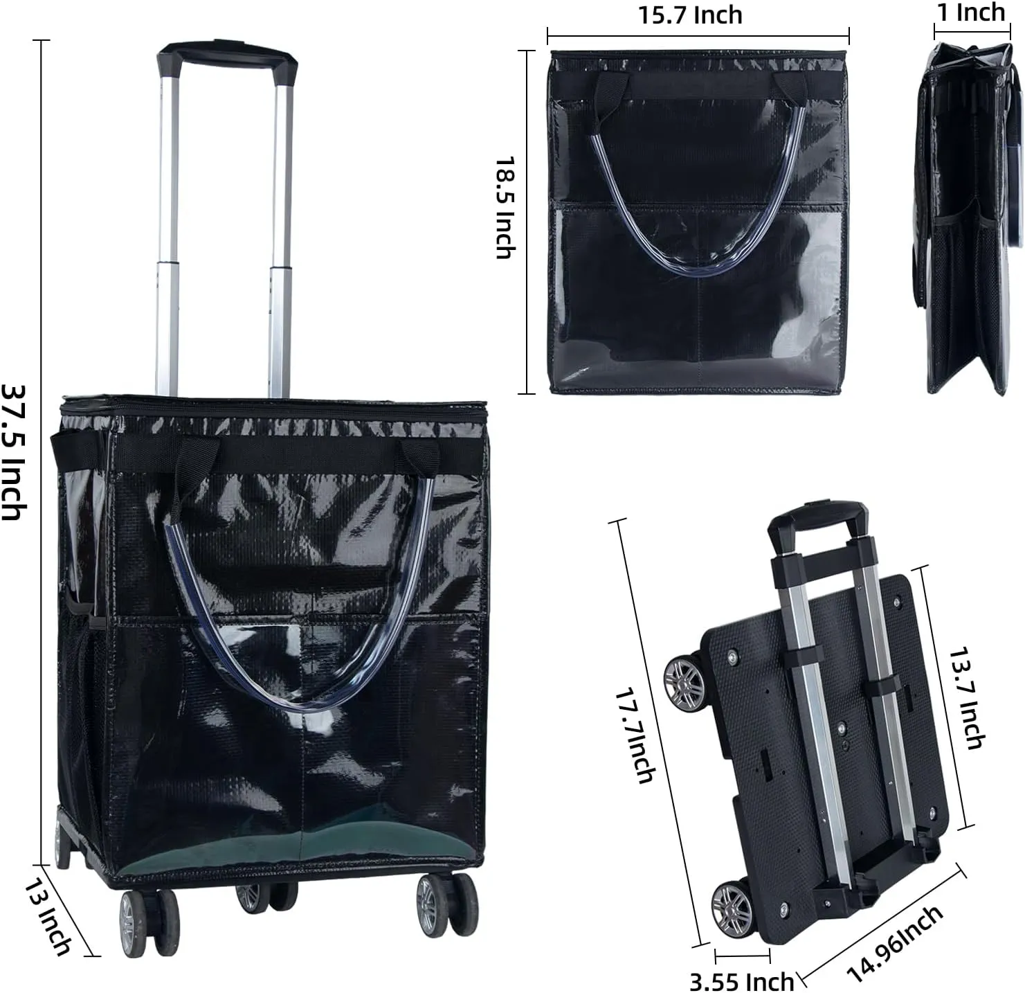 Reusable Grocery Bags on Wheels, Rolling Tote Bag, Portable Shopping Cart for Groceries with Wheels and Drawstring Bag, Trolley, 54L, Foldable, Black
