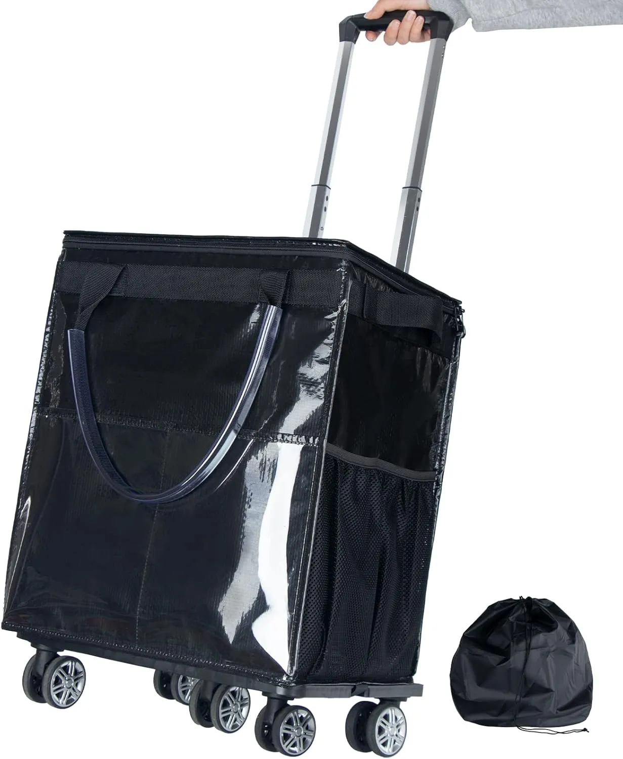 Reusable Grocery Bags on Wheels, Rolling Tote Bag, Portable Shopping Cart for Groceries with Wheels and Drawstring Bag, Trolley, 54L, Foldable, Black