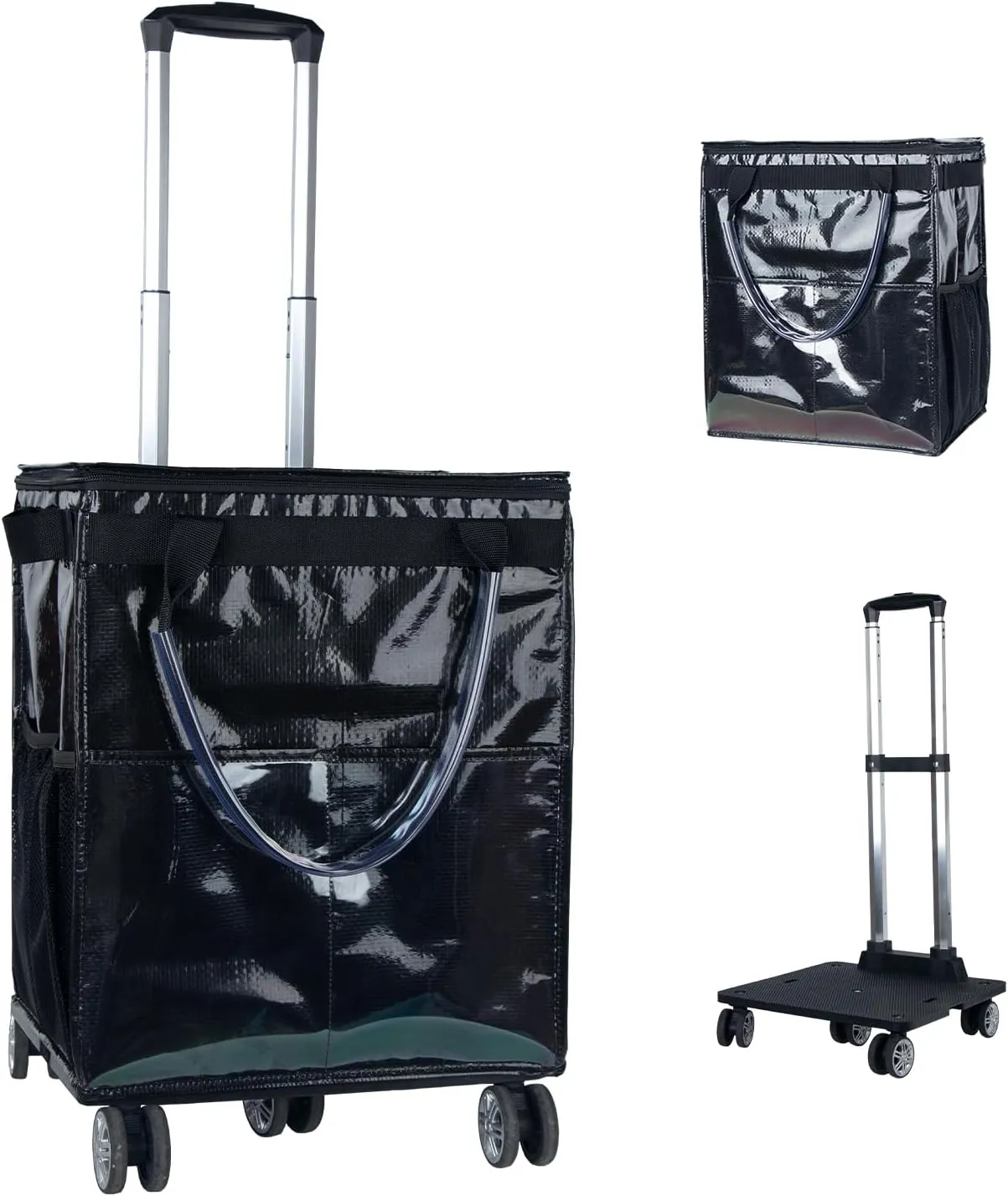 Reusable Grocery Bags on Wheels, Rolling Tote Bag, Portable Shopping Cart for Groceries with Wheels and Drawstring Bag, Trolley, 54L, Foldable, Black