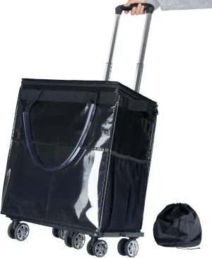 Reusable Grocery Bags on Wheels, Rolling Tote Bag, Portable Shopping Cart for Groceries with Wheels and Drawstring Bag, Trolley, 54L, Foldable, Black