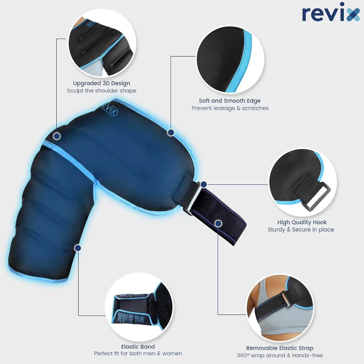 REVIX 3D Sewing Shoulder Ice Pack Wrap for Better Snug Fit and Putting on, Ice Packs for Shoulder Injuries Reusable, Hot & Cold Compress for Pain Relief, Swelling, Tendonitis & Surgery Recovery