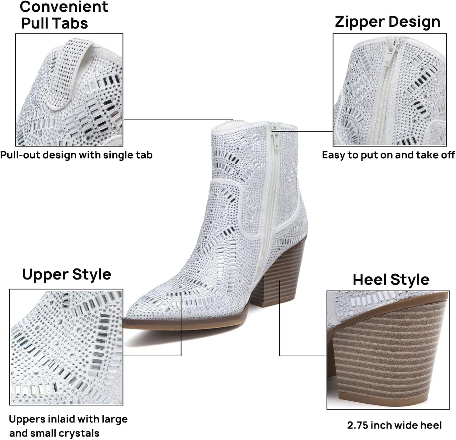 Rhinestone Boots for Women Black Diamonds Cowboy Boots Silver Cowgirl Boots Sparkly Pink Shoes Glitter Red Short Shoes Elegante Wide Mid Calf Ankle & Bootie