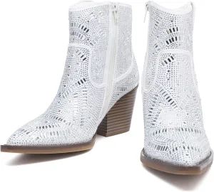 Rhinestone Boots for Women Black Diamonds Cowboy Boots Silver Cowgirl Boots Sparkly Pink Shoes Glitter Red Short Shoes Elegante Wide Mid Calf Ankle & Bootie