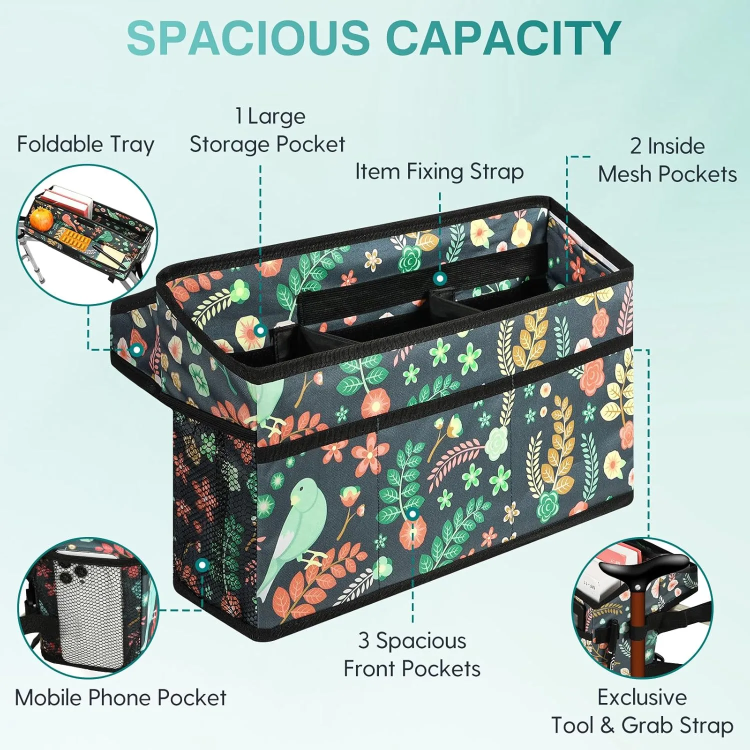 Rhino Valley Walker Basket for Folding Walker, Multi-Pocket Walker Tray with Cup Holder, Foldable Walker Bag, Large Storage Basket for Walker, Walker Accessories for Seniors