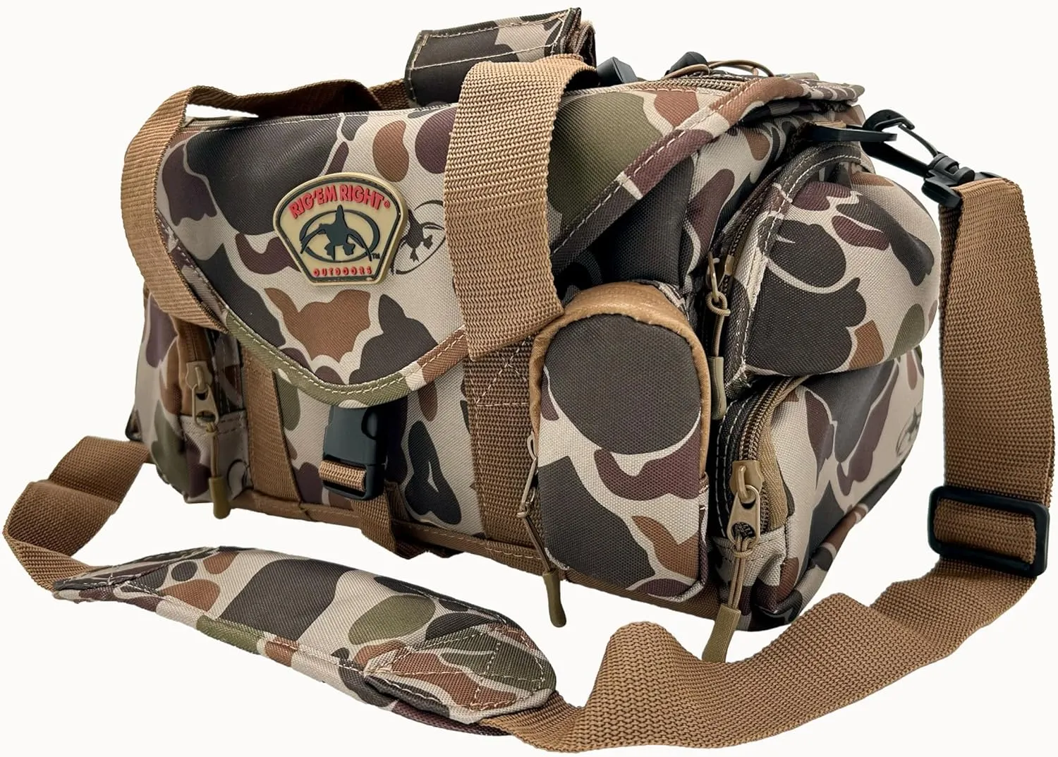 Rig'em Right Waterfowl Standard Shell Shocker Blind Bag with Sunglass Case, Drink Holder, and Ammo Compartment in Brown Camo
