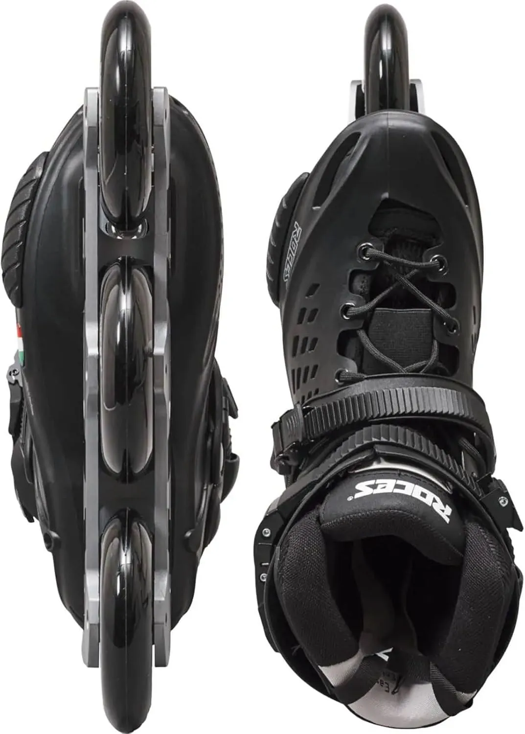 ROCES Men's X35 3X110 TIF Durable Adjustable Maneuverable Outdoor Urban 3 Wheel Freestyle Hard-Boot Inline Racing Skates with Secure Closure System & Invisible Frame,Black/Silver, 13