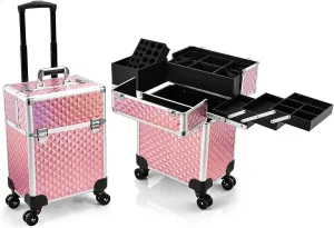 Rolling Makeup Case Extra Large Makeup Train Case 4 Tray with Sliding Rail Removable Layer Cosmetology Case on Wheels for Makeup Artists Nail Art Salon Barber Trunk Traveling Storage Pink