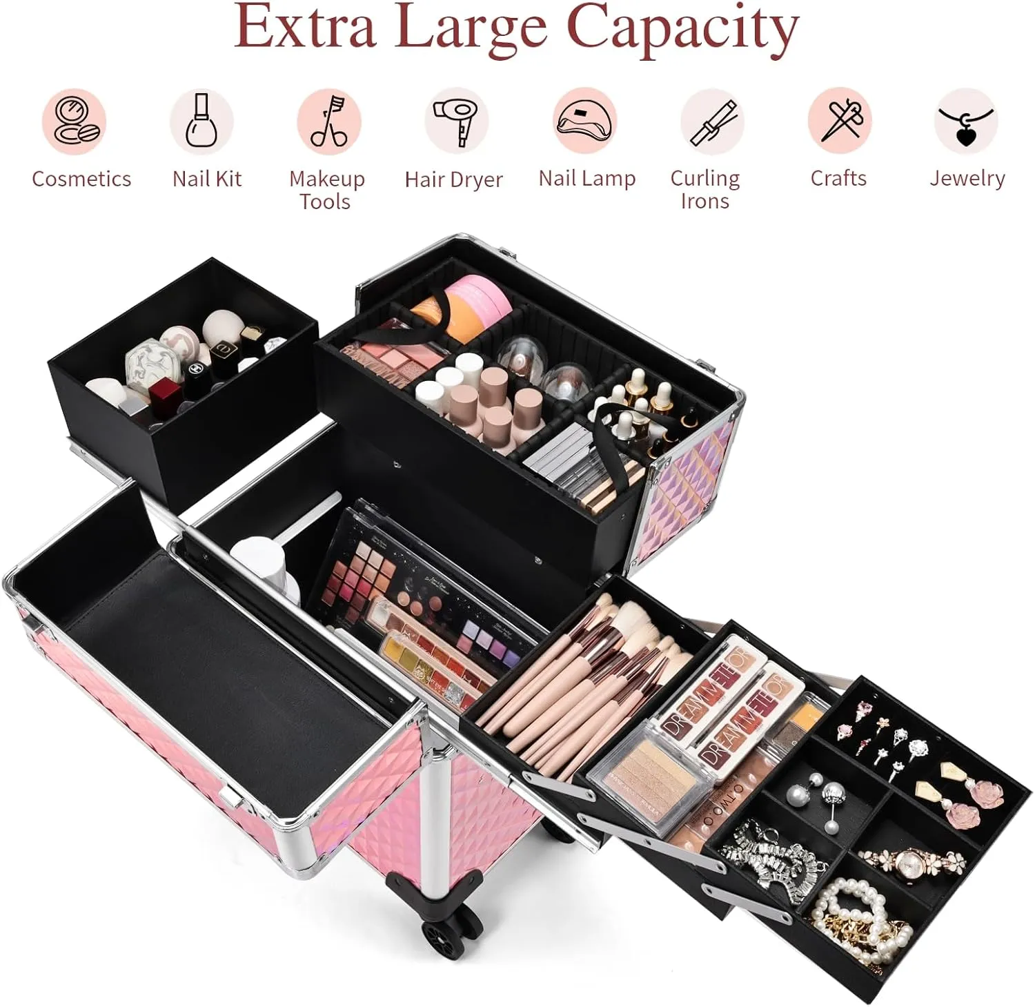 Rolling Makeup Case Extra Large Makeup Train Case 4 Tray with Sliding Rail Removable Layer Cosmetology Case on Wheels for Makeup Artists Nail Art Salon Barber Trunk Traveling Storage Pink