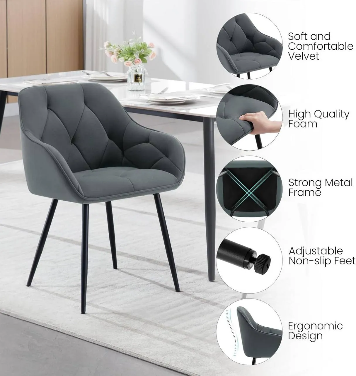 Rootz Dining Chair Set - Upholstered Chair - Velvet Dining Chairs - Robust Metal Legs - Ergonomic Design - 56cm x 83.5cm x 53cm