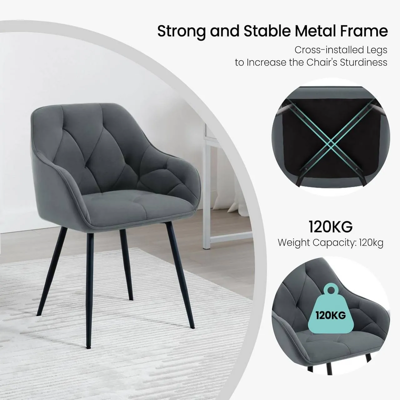 Rootz Dining Chair Set - Upholstered Chair - Velvet Dining Chairs - Robust Metal Legs - Ergonomic Design - 56cm x 83.5cm x 53cm