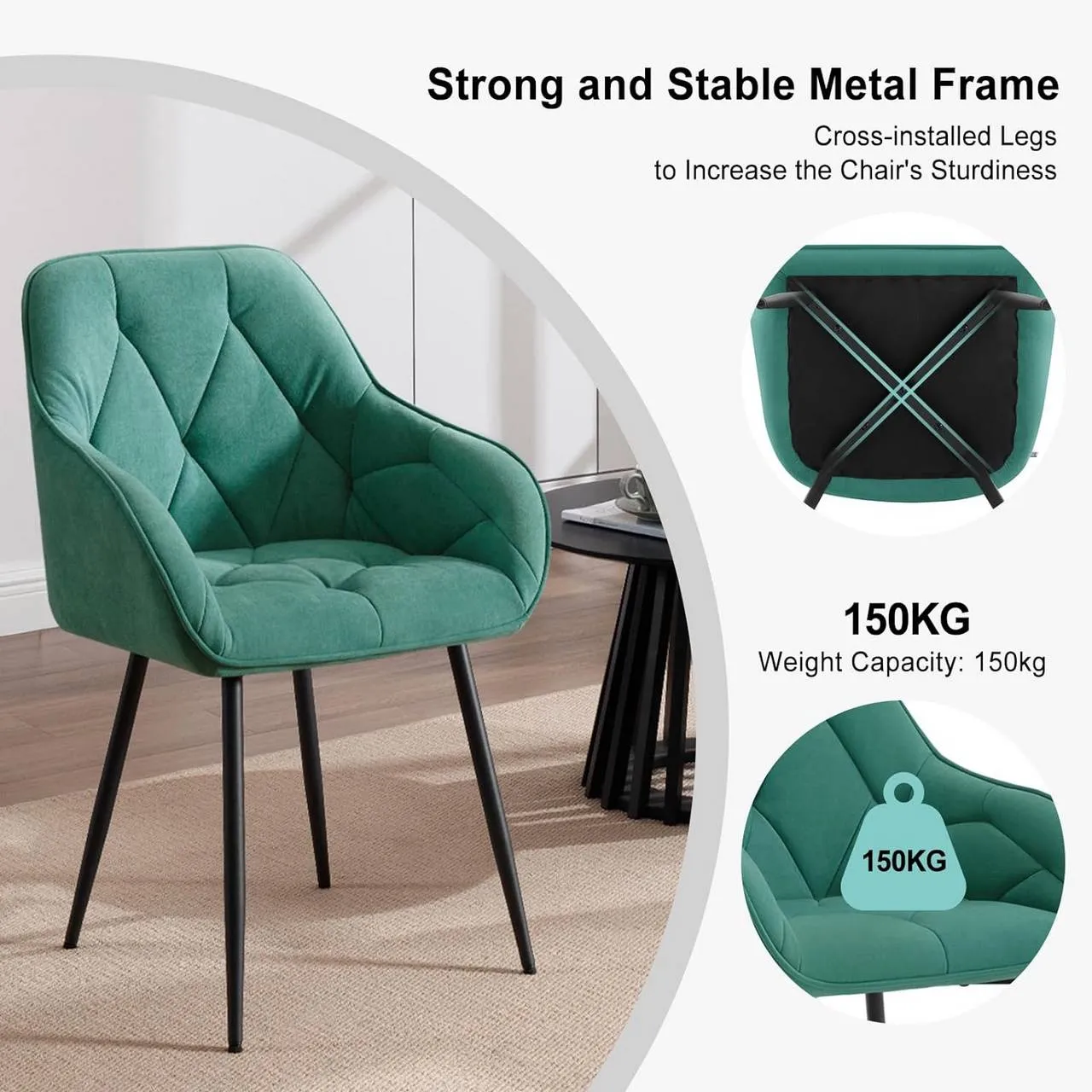 Rootz Dining Chair - Velvet Armchair - Metal Legs - Ergonomic Design - 56cm x 83.5cm x 53cm - 150kg Capacity
