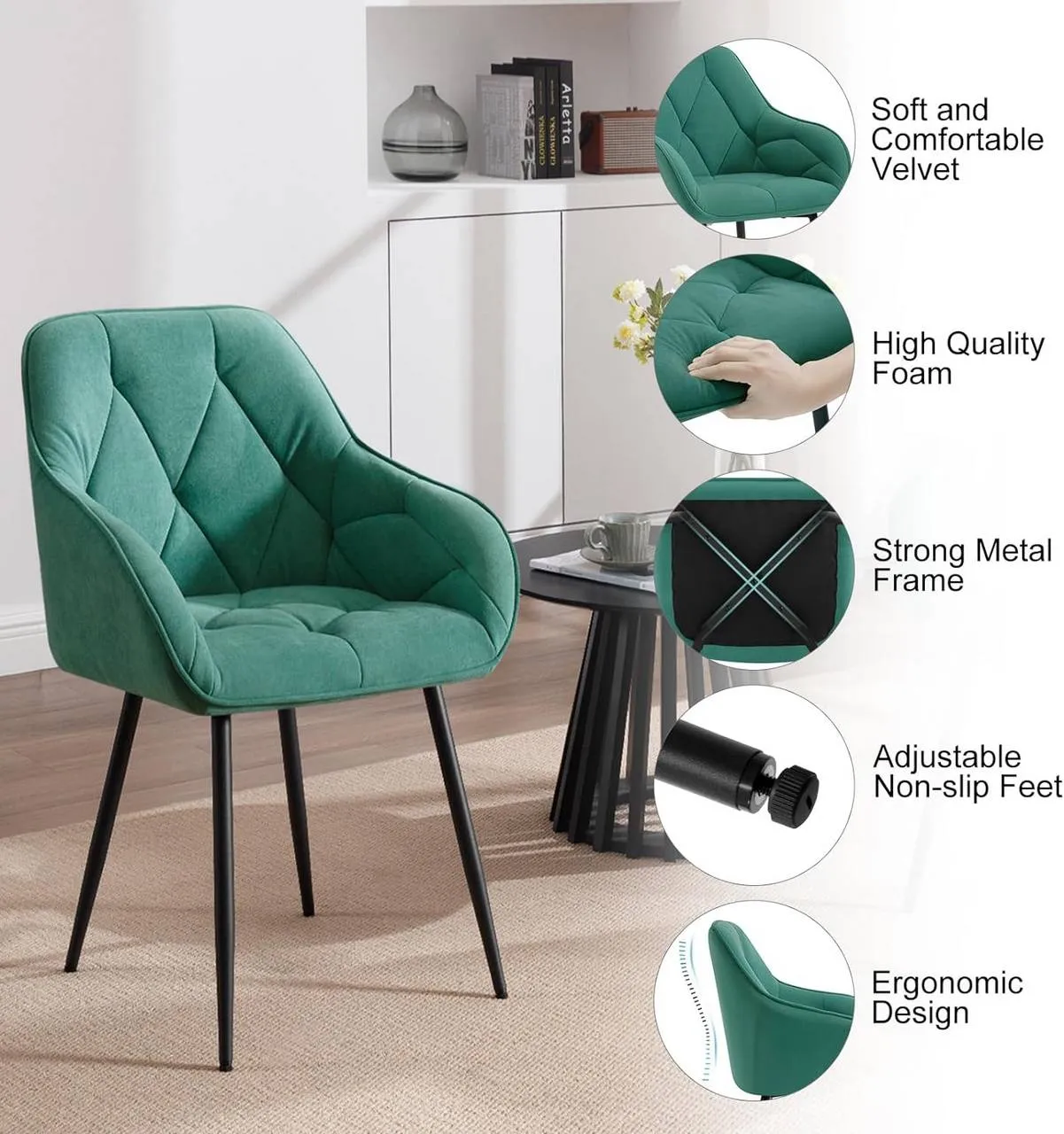 Rootz Dining Chair - Velvet Armchair - Metal Legs - Ergonomic Design - 56cm x 83.5cm x 53cm - 150kg Capacity