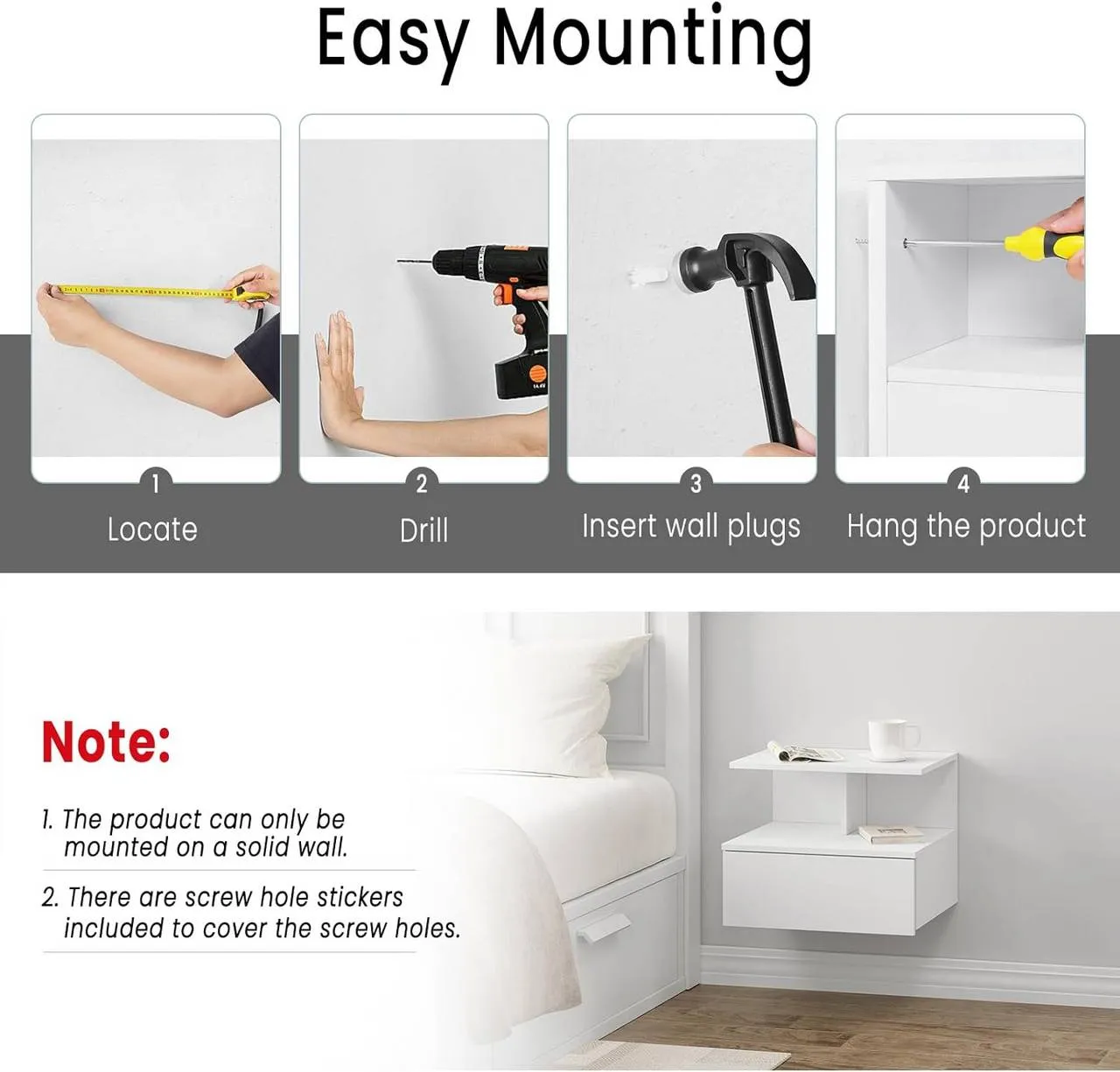Rootz Wall-Mounted Bedside Table - Floating Nightstand - Scandinavian Side Table - E1 Wood Material - 40cm x 31cm x 35cm